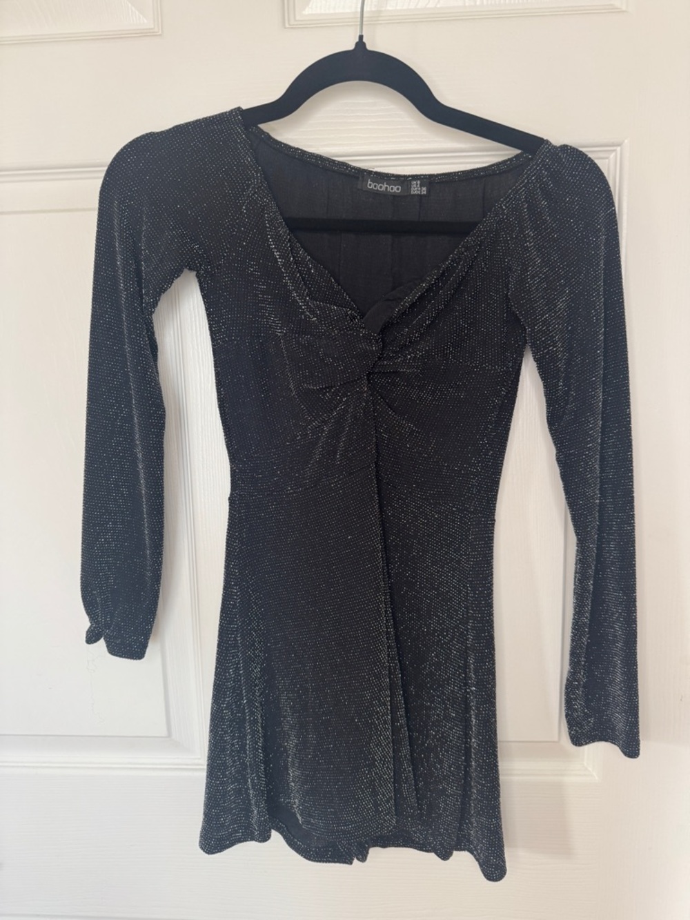Boohoo Black Shimmer Knot-Front Long Sleeve Mini Romper